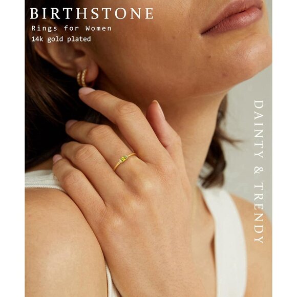 Women Green/gold Non Tarnish Dainty 14k Gold Plated Baguette Emerald Stone Ring - Picture 3 of 7